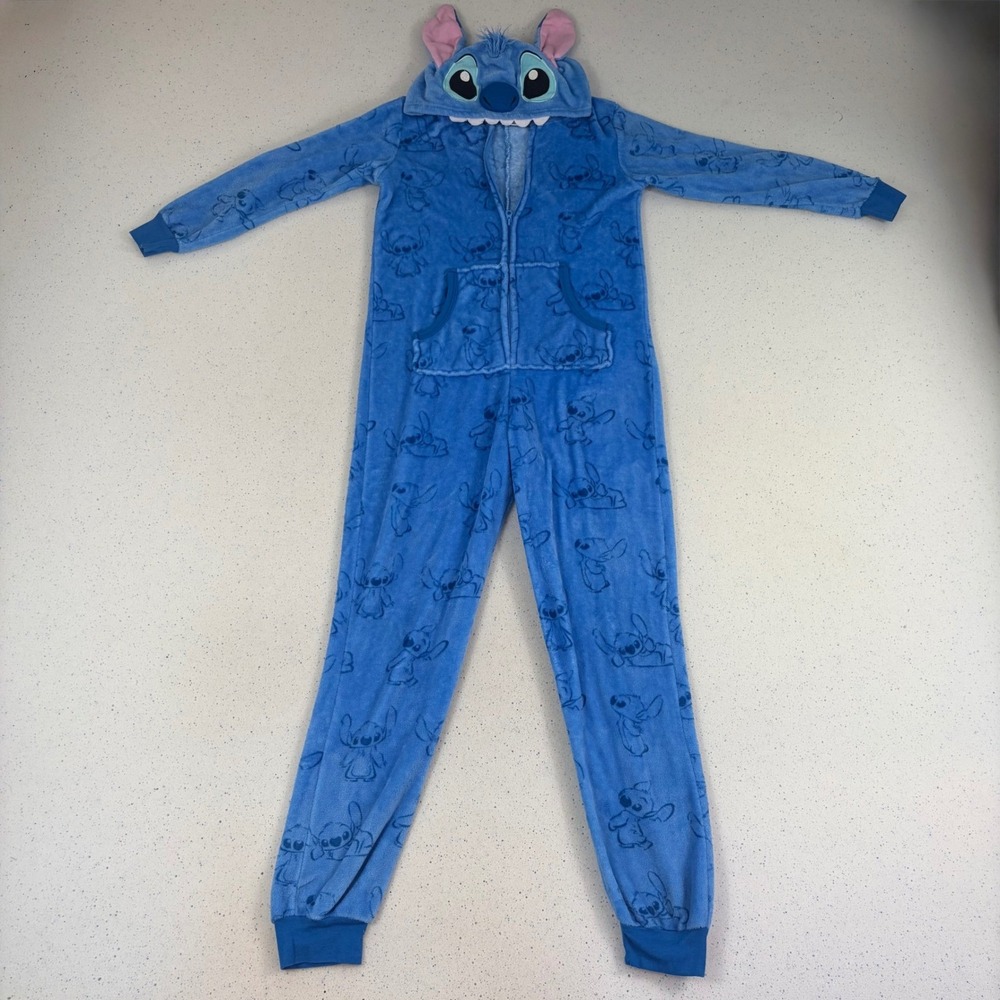 Disney Lilo & Stitch Hooded Union Suit Pajamas Size XS Blue Plush - Picture 1 of 13